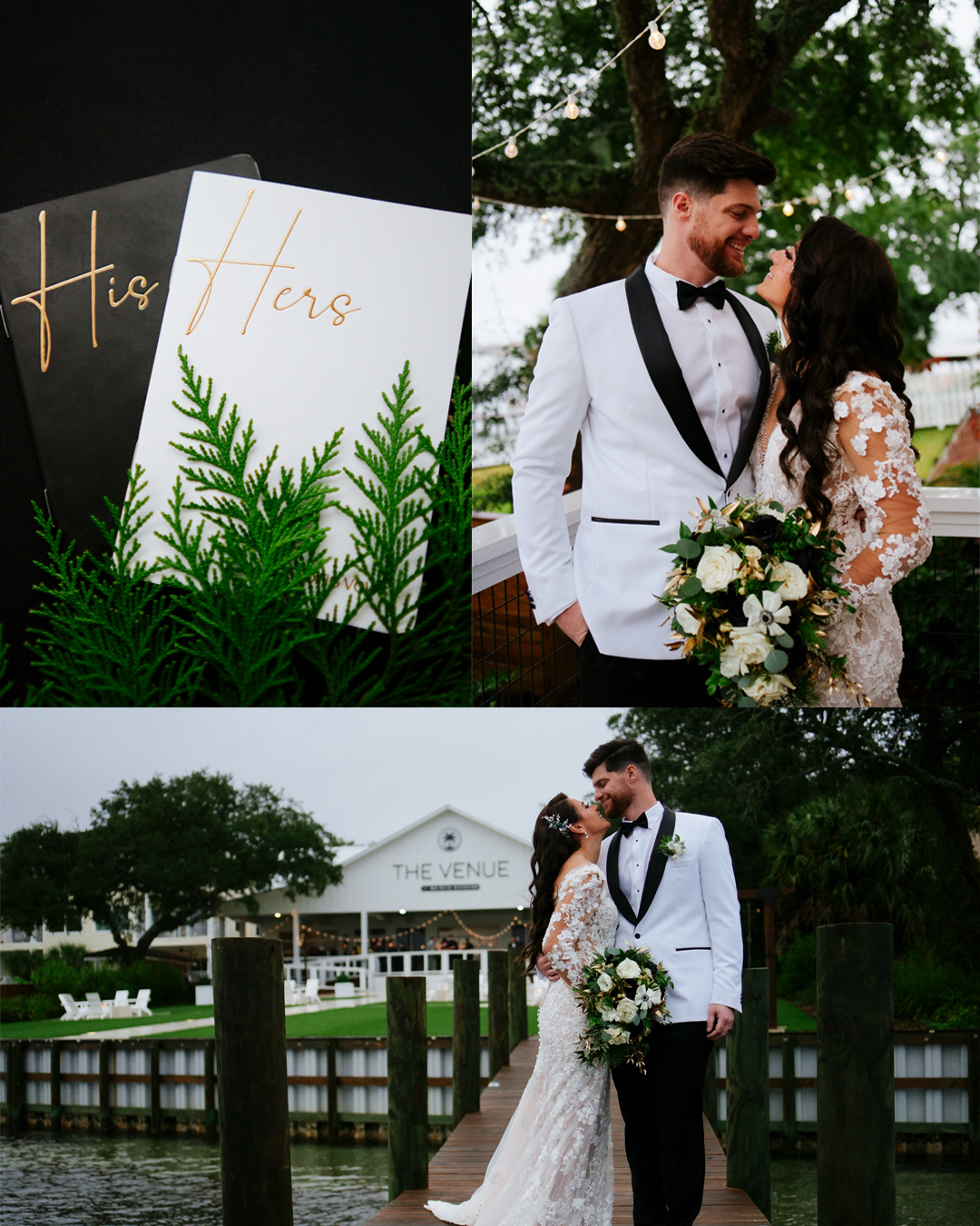 bride and groom posing infront of the venue