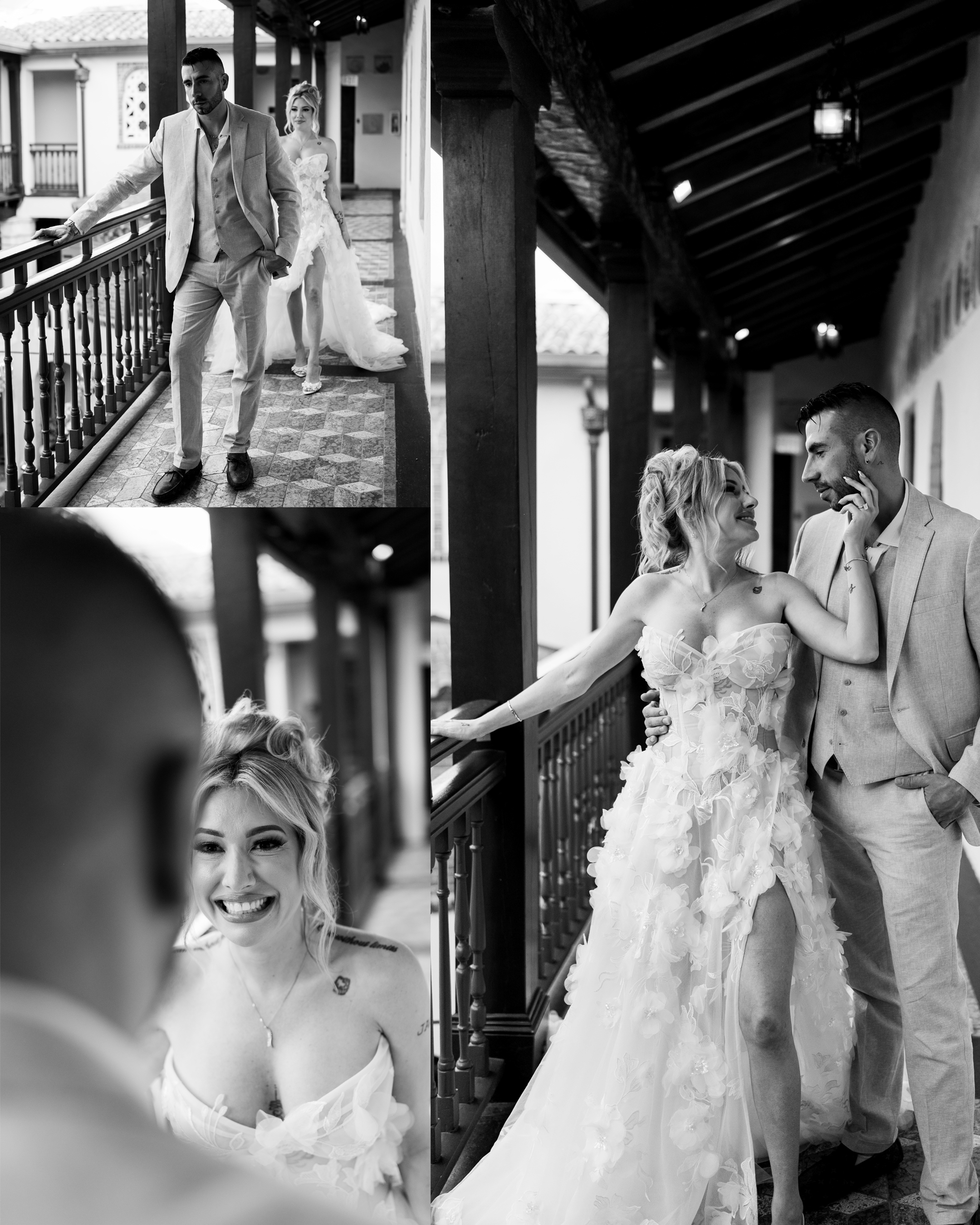 Elegant black and white wedding portrait near Villa Casa Casuarina