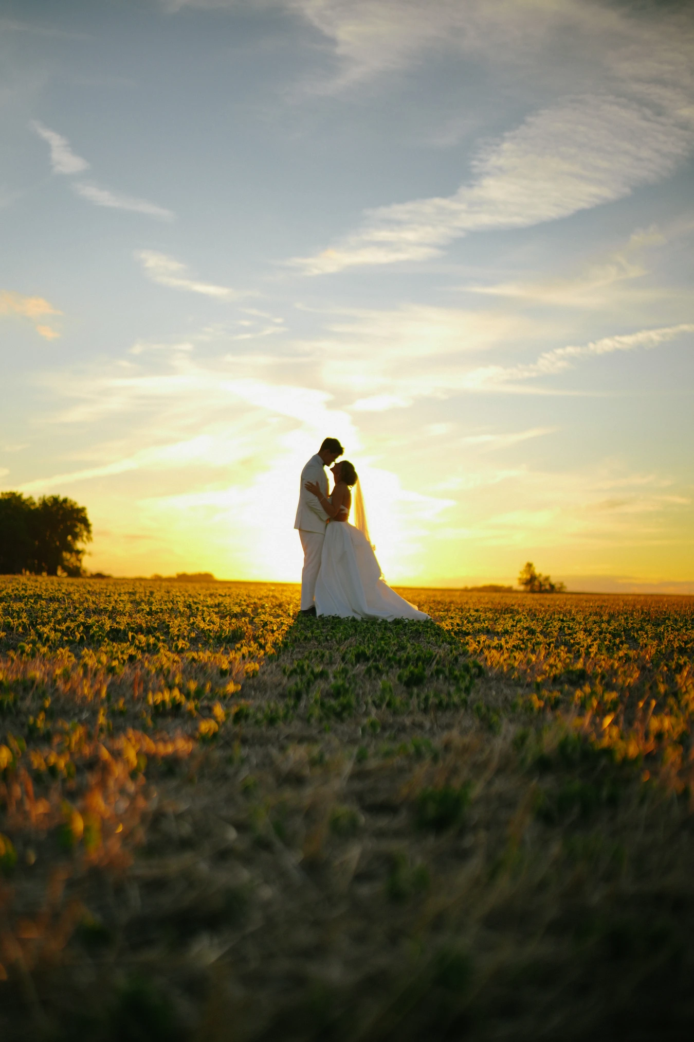Amy and teddy sunset field embrace at Amy and Teddy's North Dakota farm wedding by Megaset Weddings