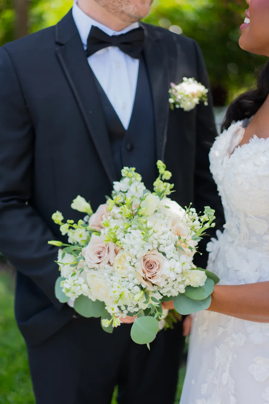 Soft pastel wedding bouquet detail from Belinda and Kevin wedding
